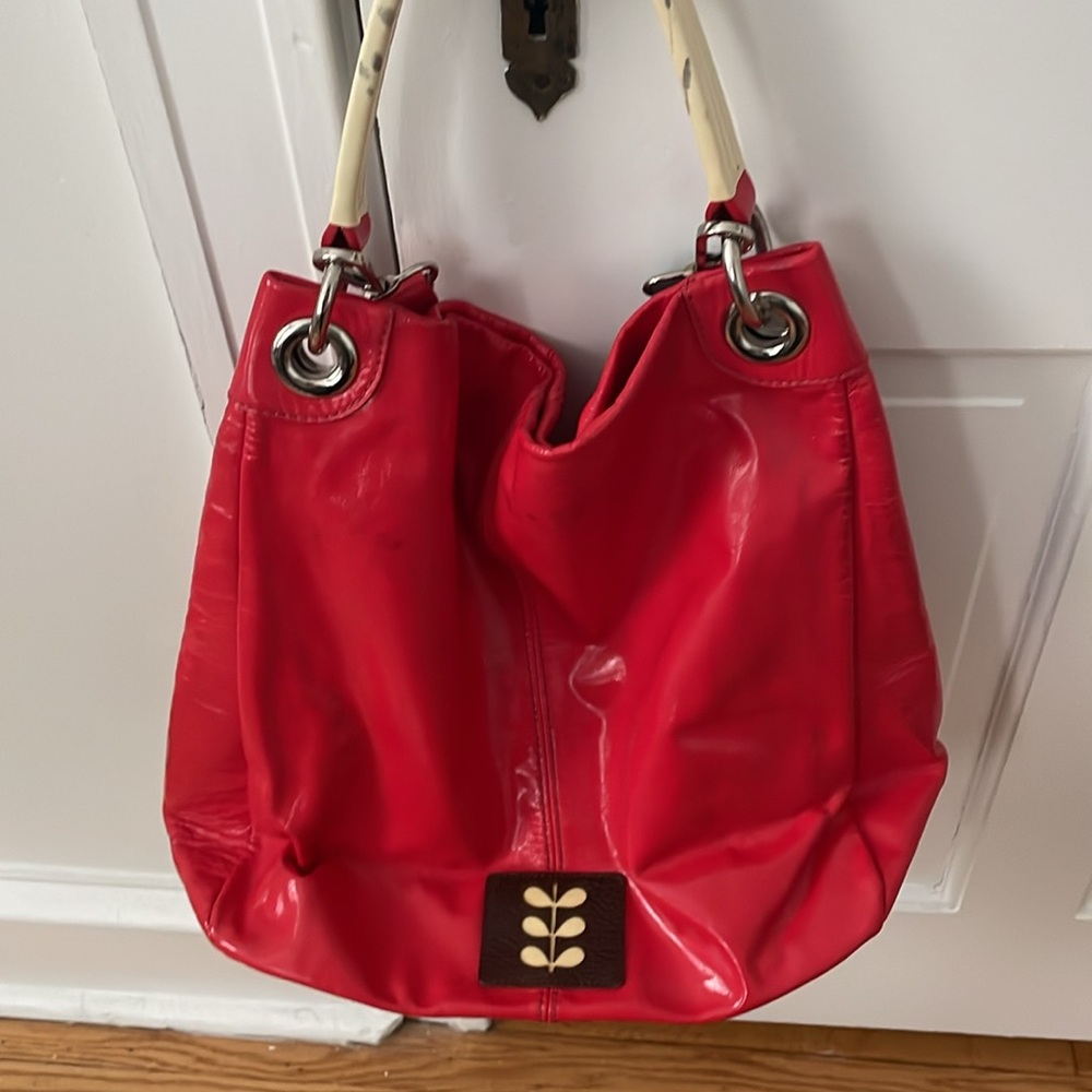 Well-loved Red Patent Orla Kiely Tote Bag